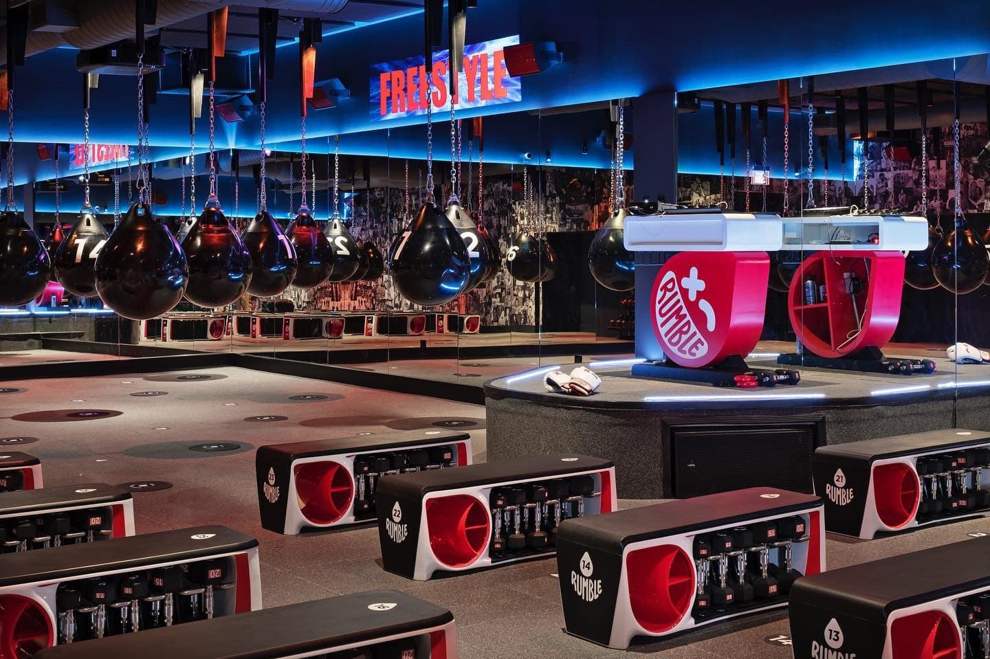 Inside the Rumble Boxing Alpharetta studio at 6110 North Point Parkway